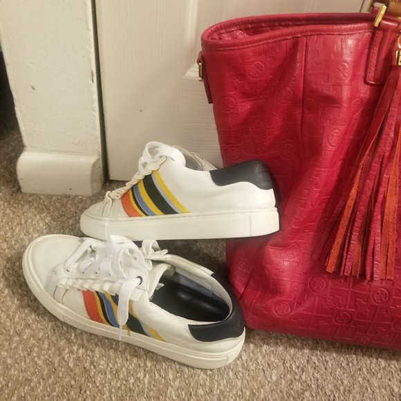 Tory Burch Shoes - On holdRainbow Stripes and Ruffles White Leather Tory Burch Sneakers  Women's 9M